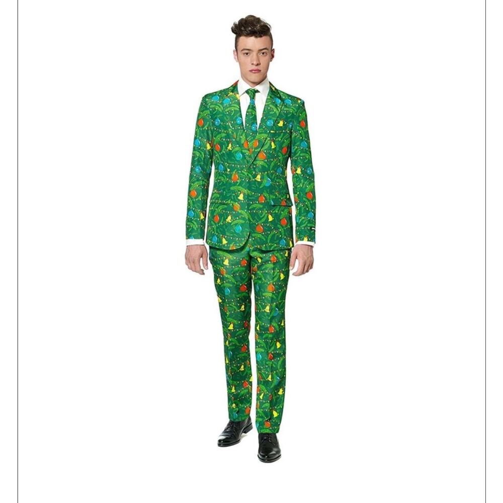 Suitmeister Christmas Tree Lights Suit Green Holiday Blazer Pants Tie Set XL